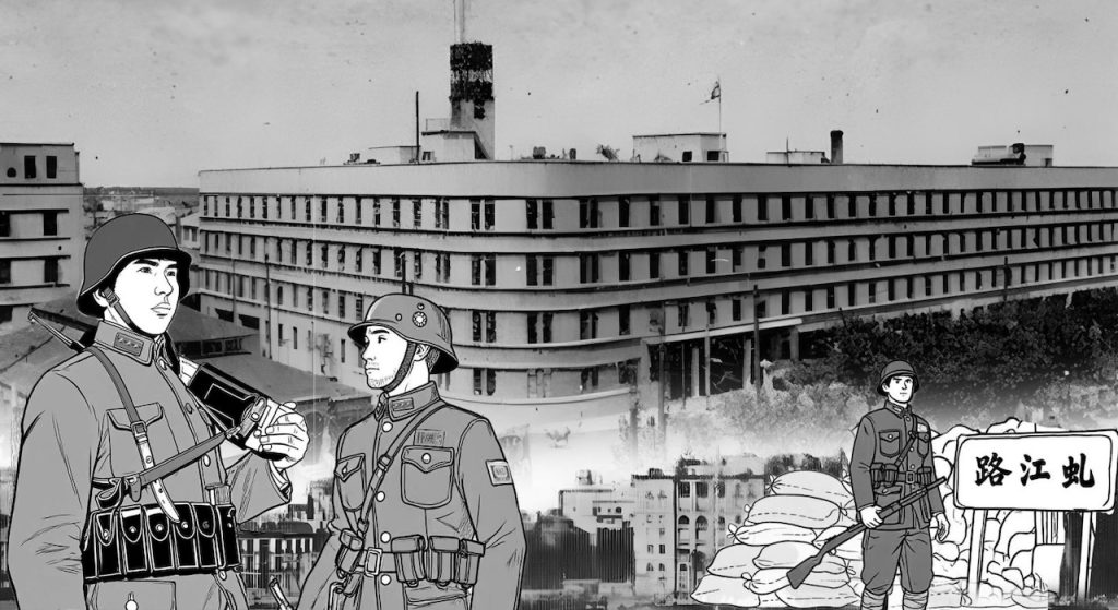Ілюстрація з двома солдатами у військовій формі на фоні будівлі, що нагадує військовий чи адміністративний об'єкт, з елементами графіки у чорно-білому стилі.