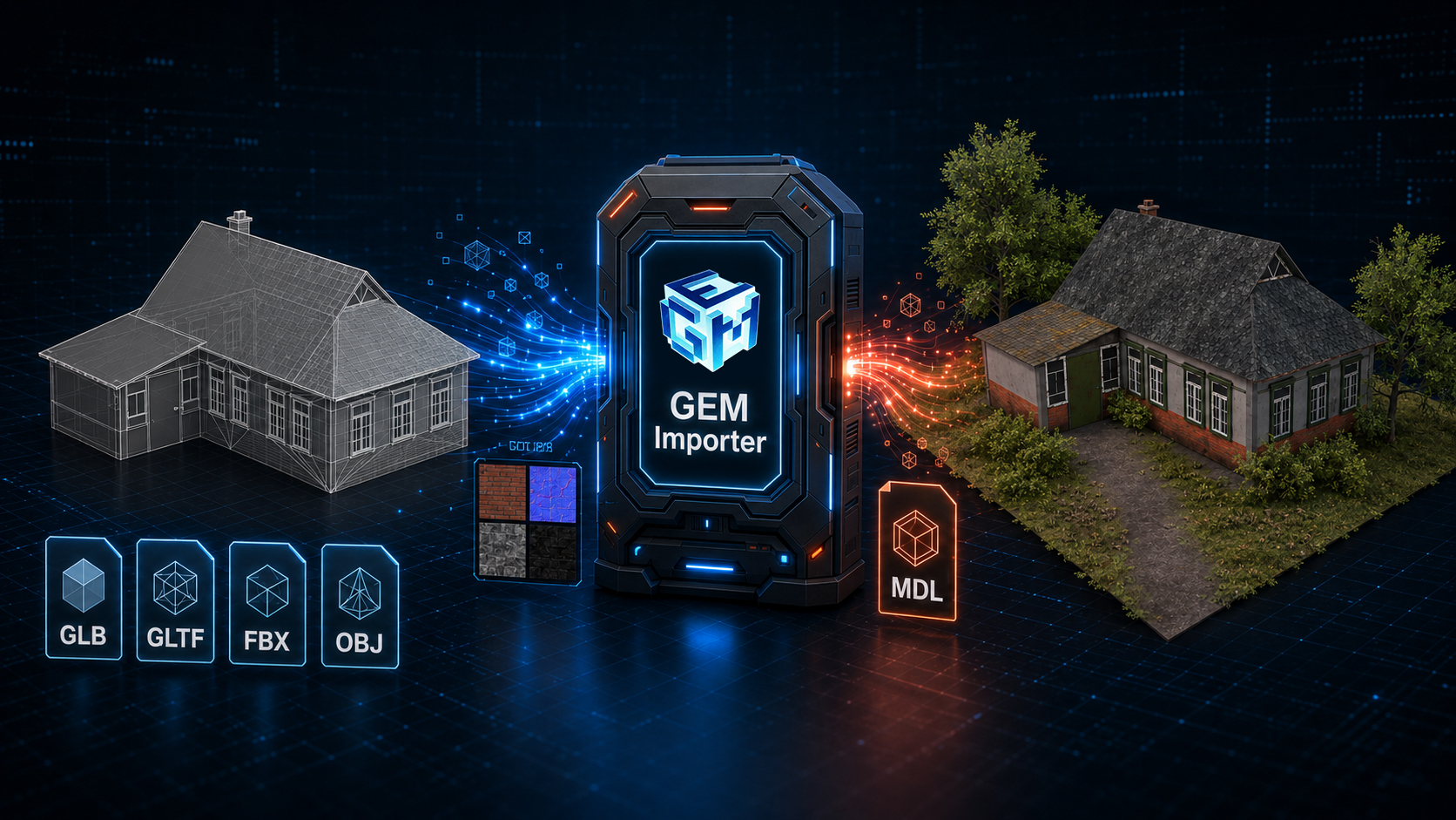 GEM Importer converts a building model from GLB, GLTF, FBX, or OBJ into a textured MDL asset.