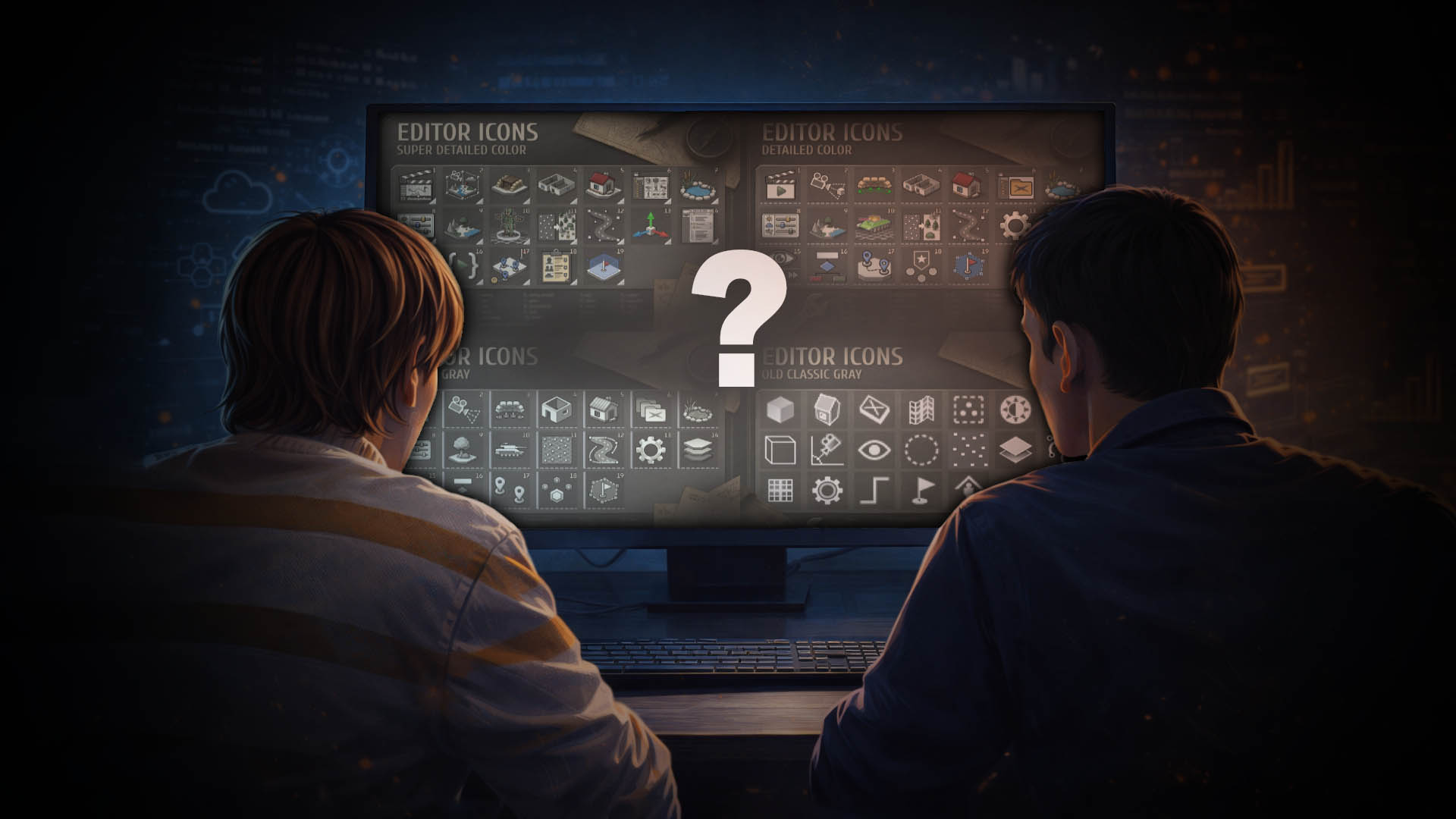 Two Best Way Games characters compare four numbered GEM RTS Editor icon sets on a large monitor.