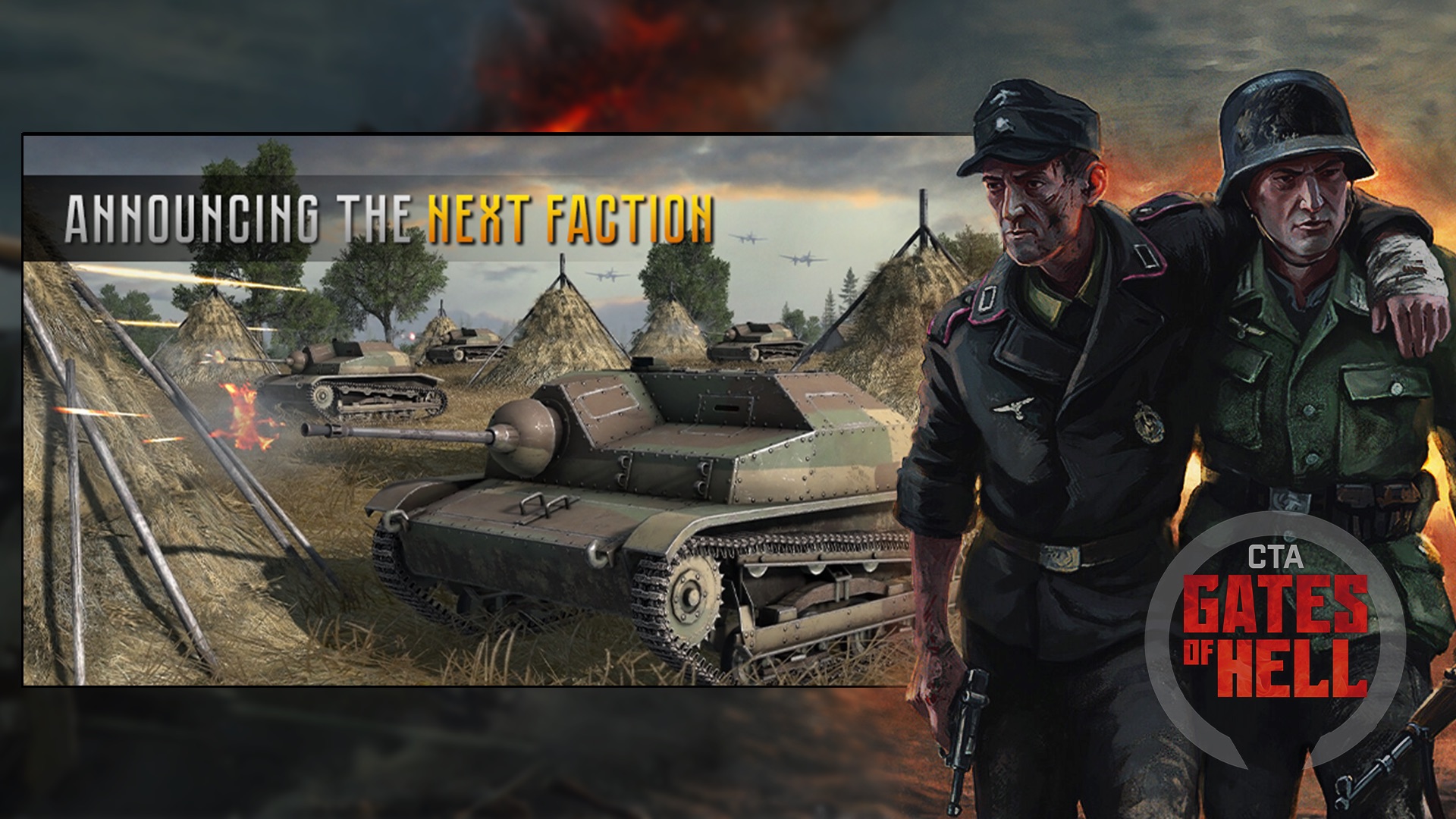 Two soldiers stand beside a battlefield scene with armored vehicles and the text “Announcing the Next Faction” above the Call to Arms – Gates of Hell logo