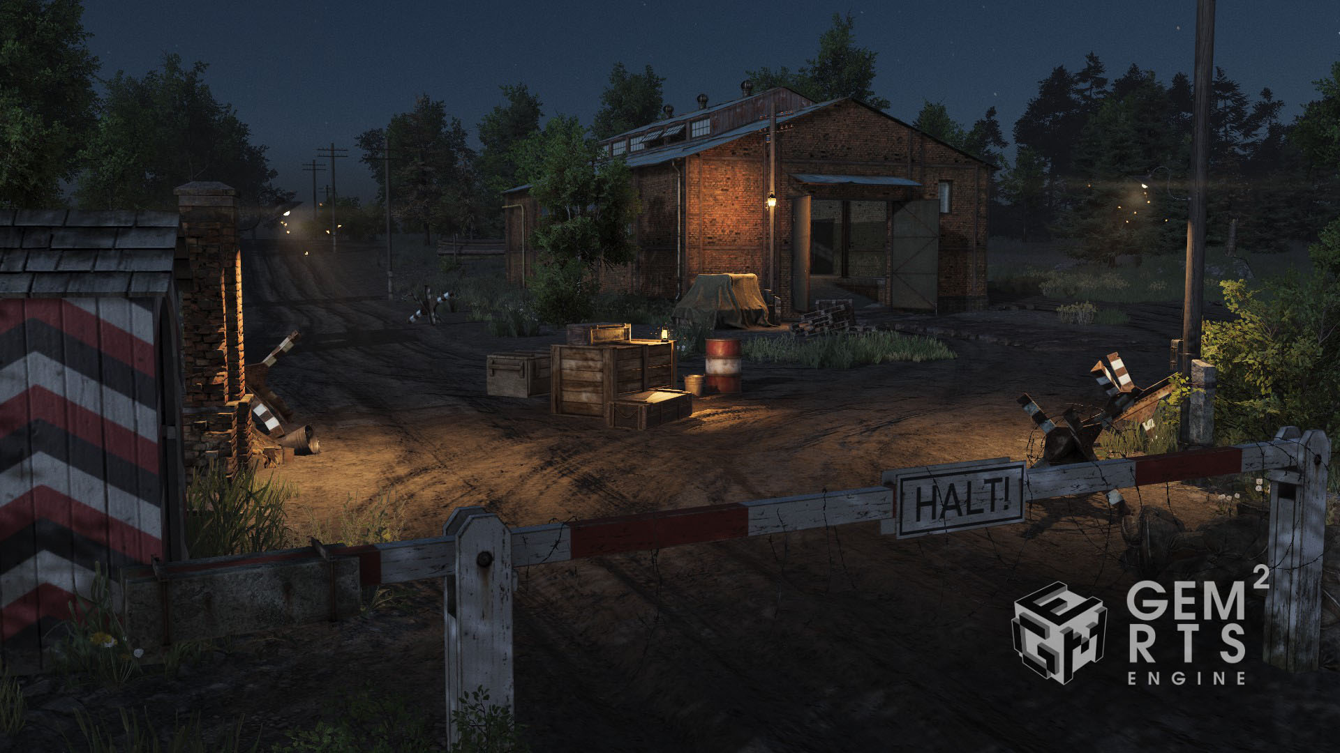 Military checkpoint at night with illuminated brick building, road barrier, and scattered equipment.